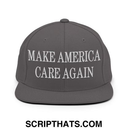 Gray snapback cap with white embroidered make America care again text and flat bill brim for casual wear