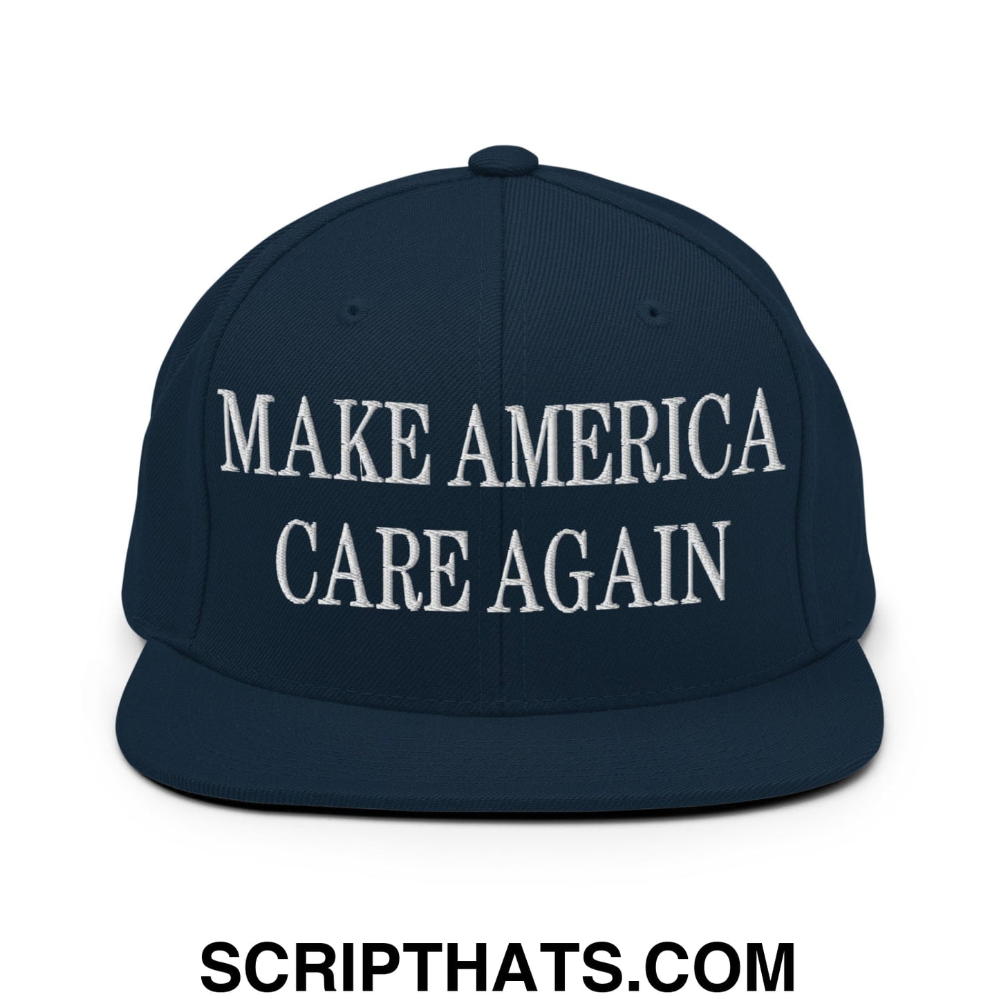 Navy blue snapback hat with white embroidered make america care again text and flat bill brim design