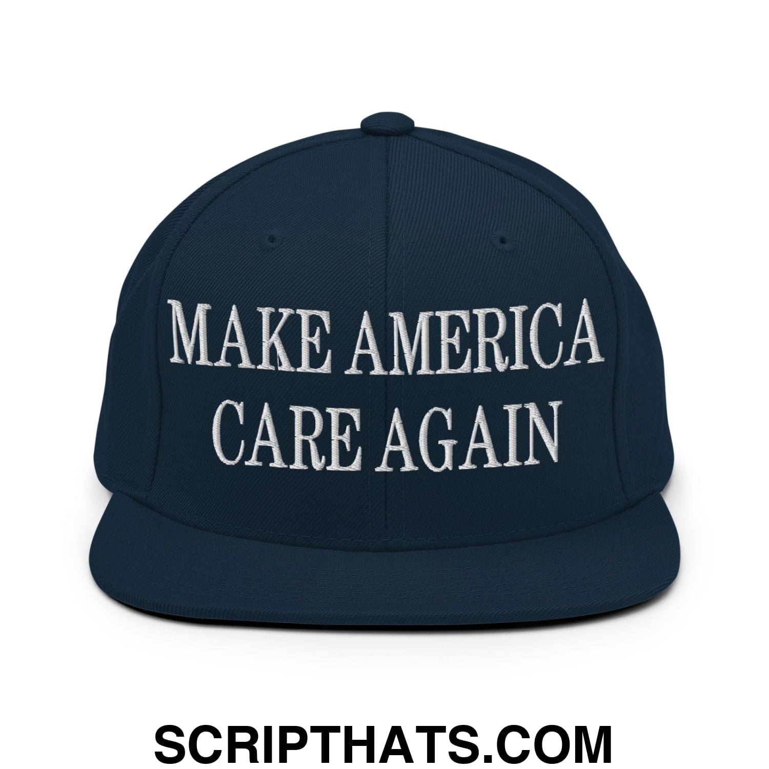 Navy blue snapback hat with white embroidered make america care again text and flat bill brim design