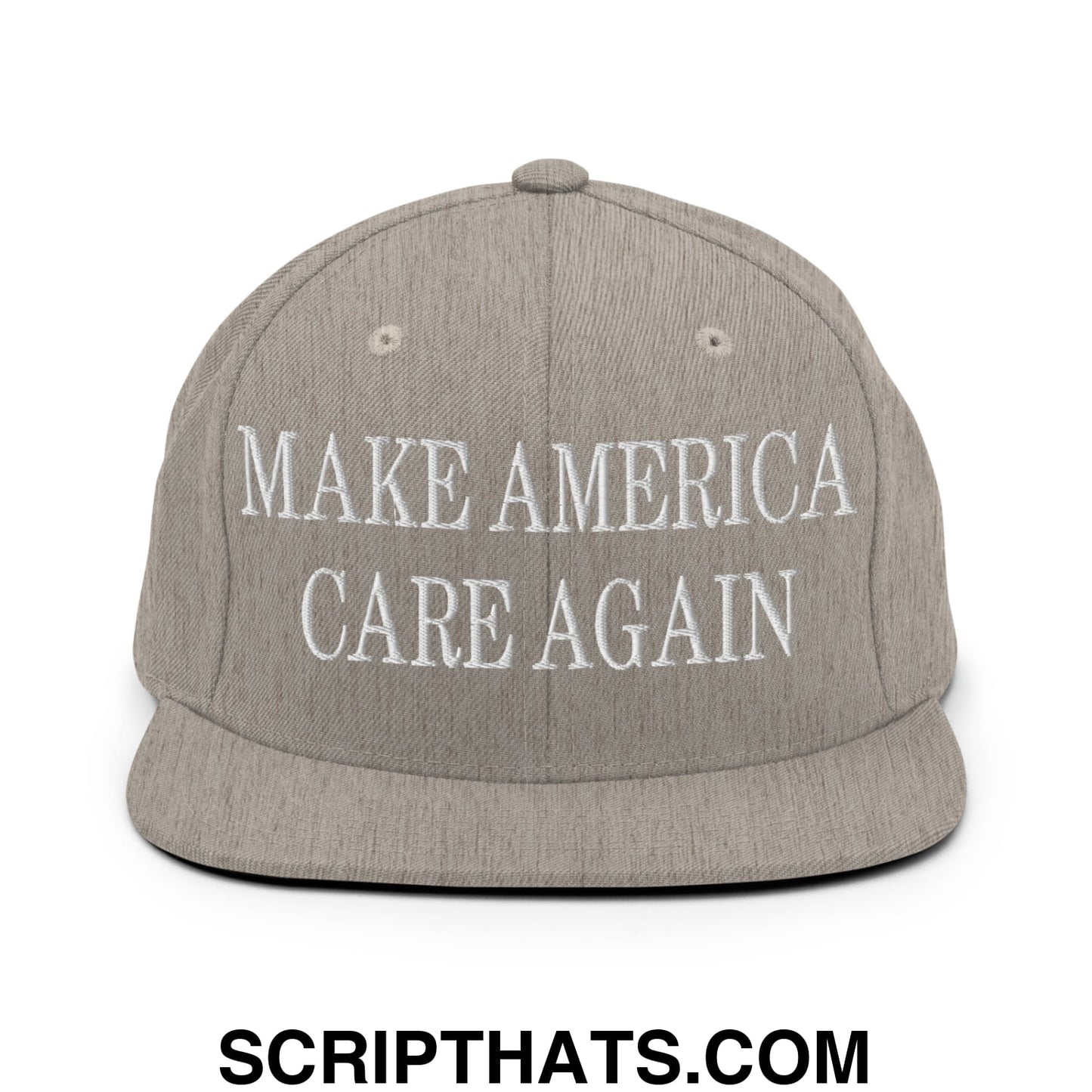 Gray snapback hat with white embroidered make america care again text and flat bill brim design