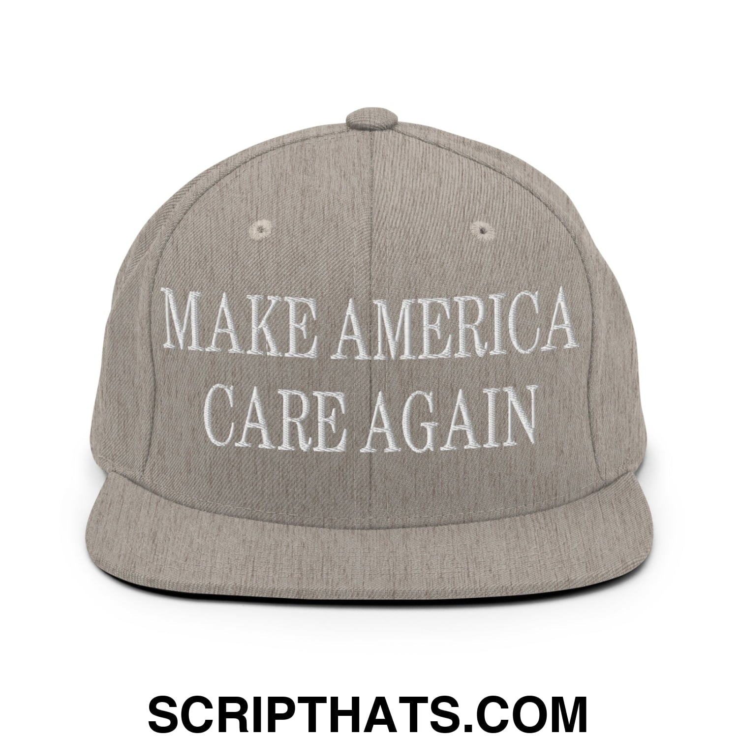 Gray snapback hat with white embroidered make america care again text and flat bill brim design