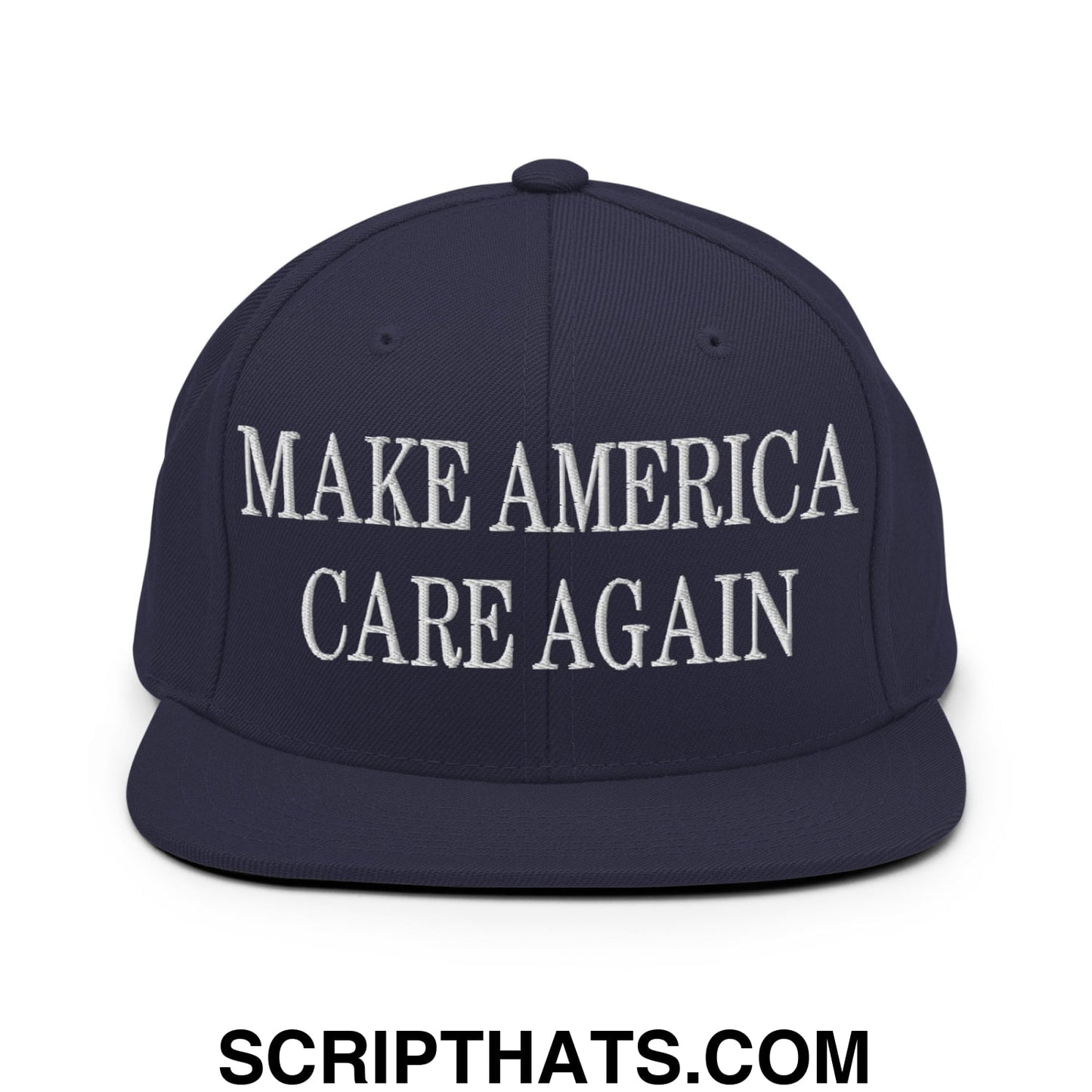 Navy blue snapback hat with white embroidered make america care again text and flat bill brim design