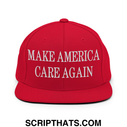 Red snapback cap with white embroidered make america care again text and flat bill brim design