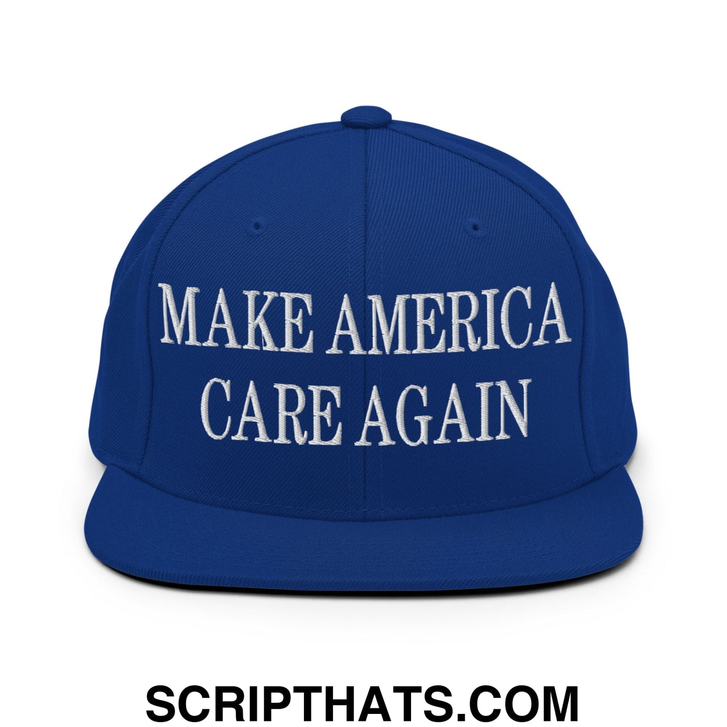 Royal blue snapback cap with white embroidered make america care again text and flat bill brim design