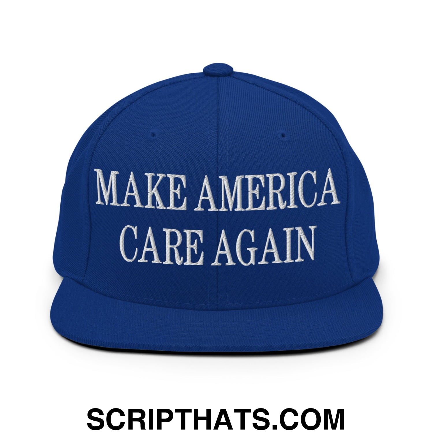 Royal blue snapback cap with white embroidered make america care again text and flat bill brim design