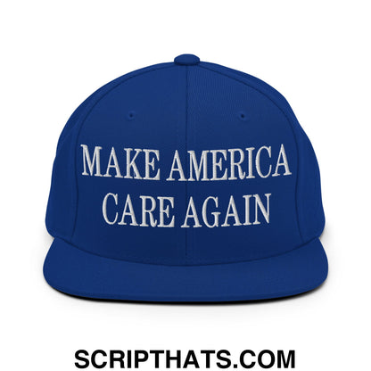 Royal blue snapback cap with white embroidered make america care again text and flat bill brim design