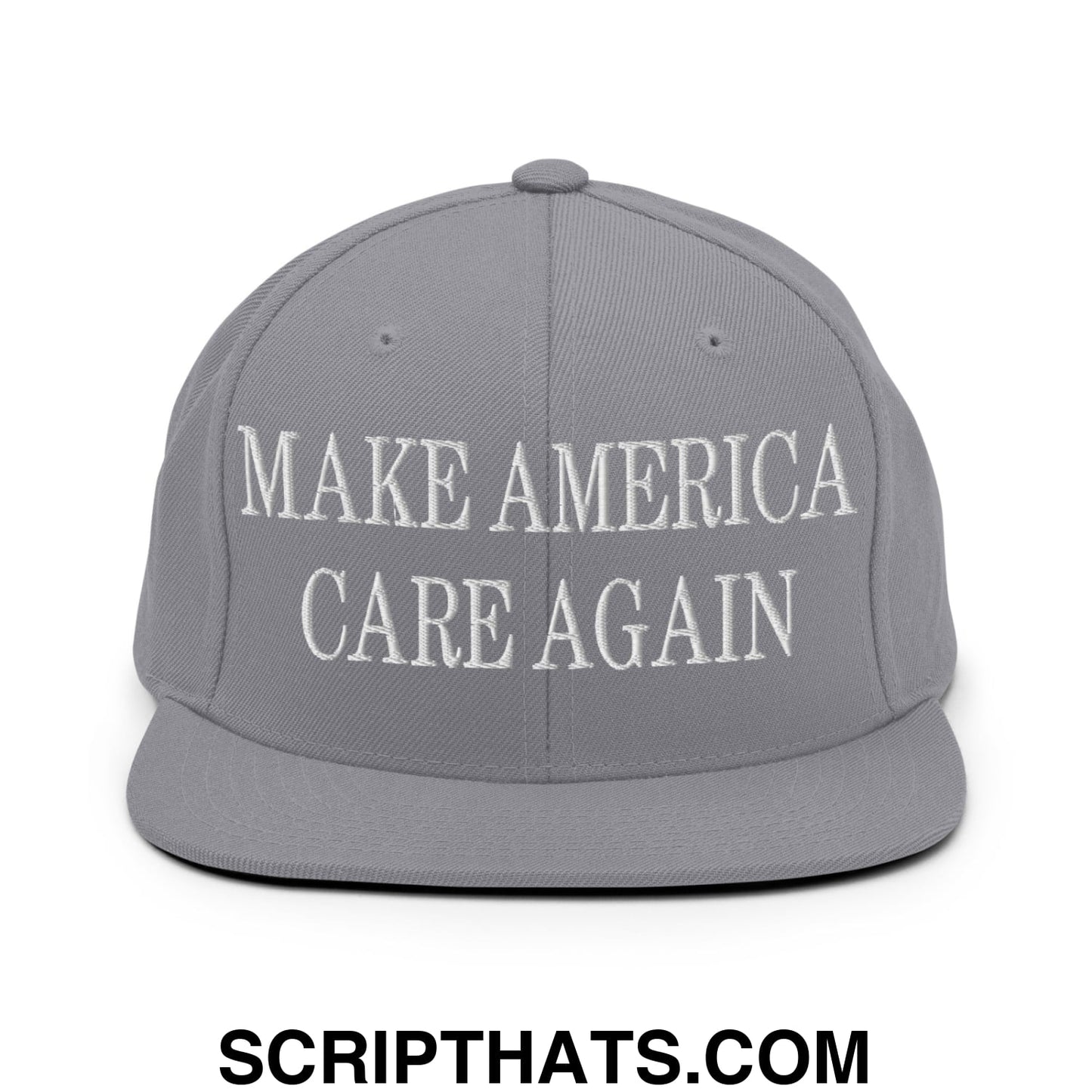 Gray snapback cap with white embroidered make america care again text and flat bill brim for casual wear