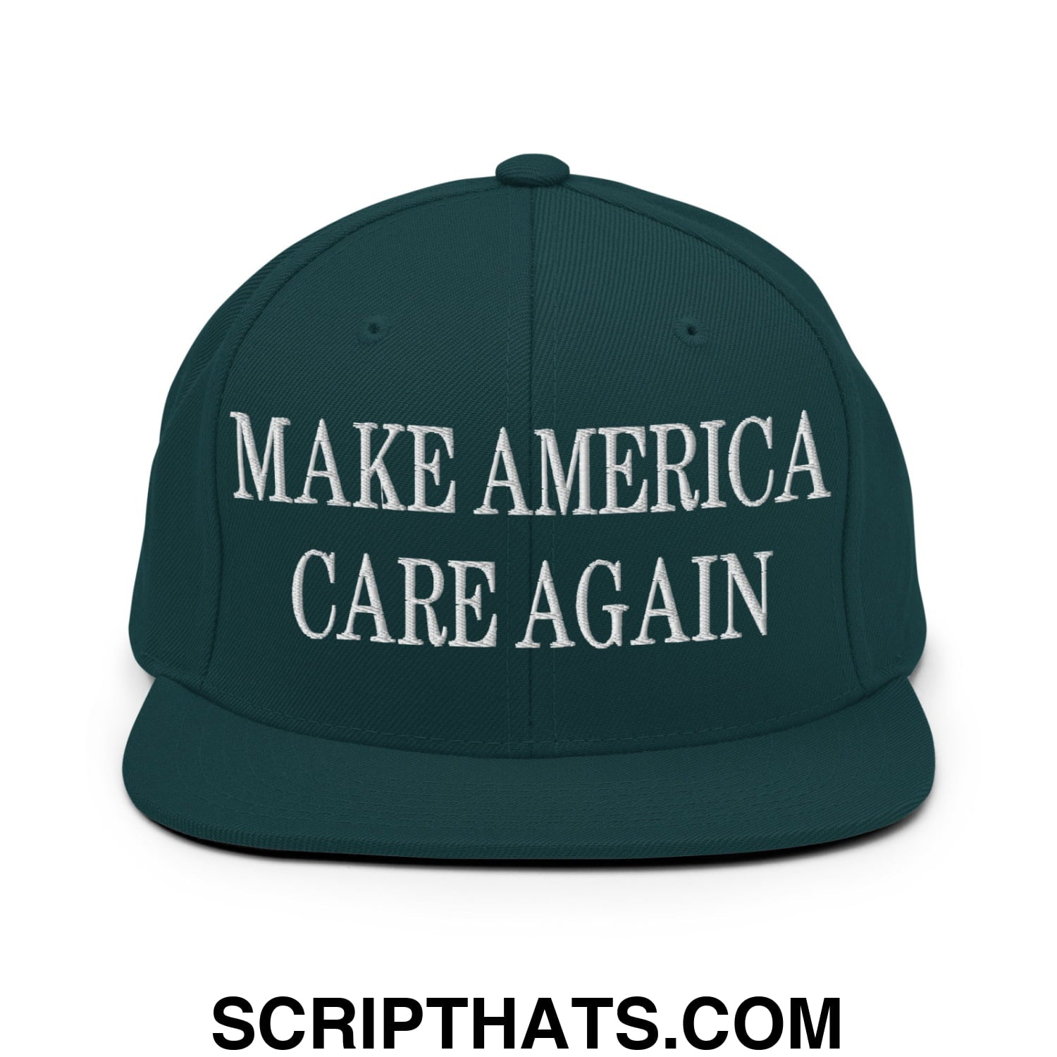 Dark green snapback hat with white embroidered make america care again text and flat bill brim design