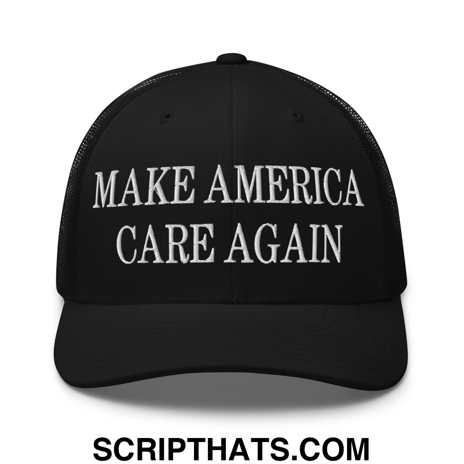 Black mesh trucker hat with white embroidered make america care again text on front panel