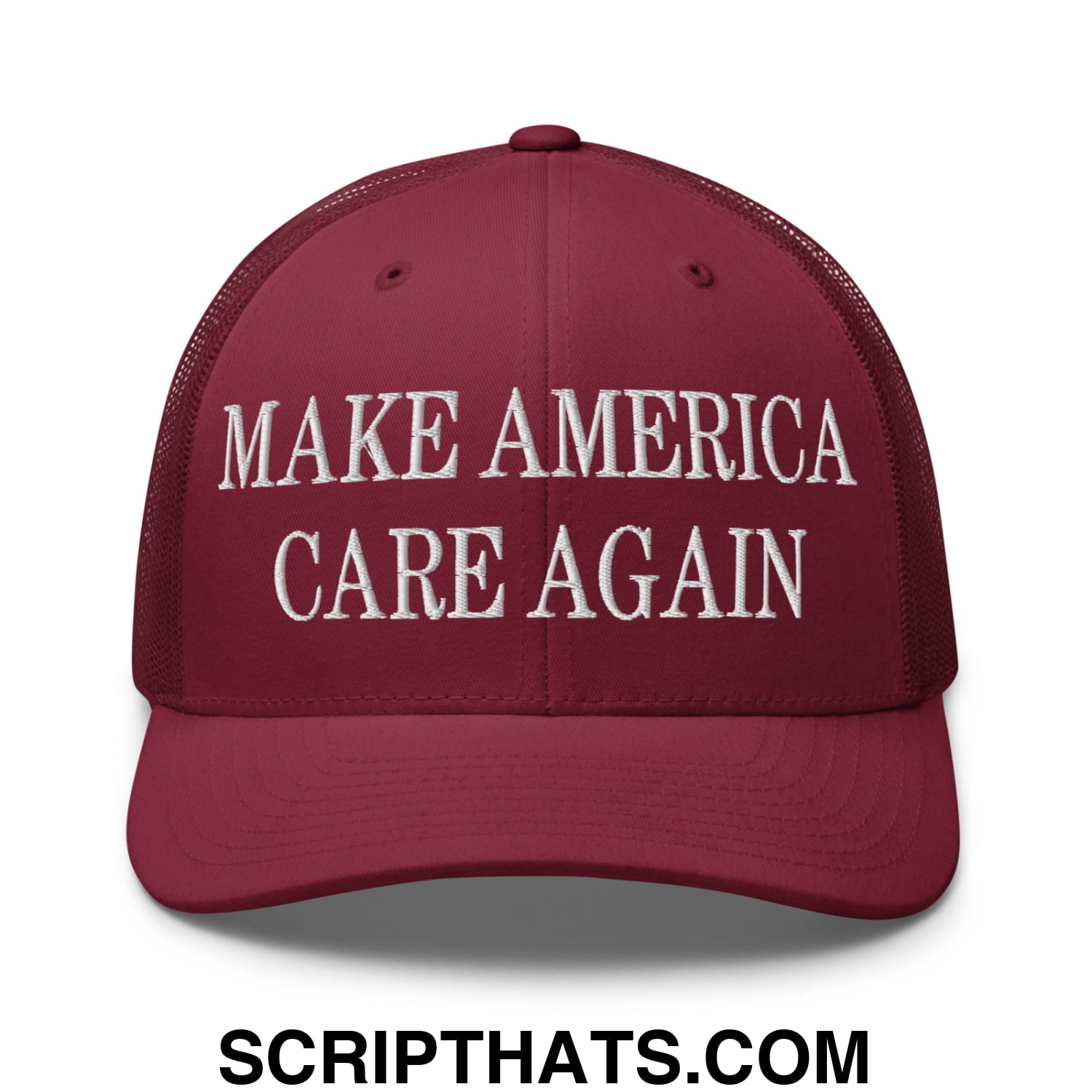 Maroon mesh trucker hat with white embroidered make america care again text and adjustable back closure
