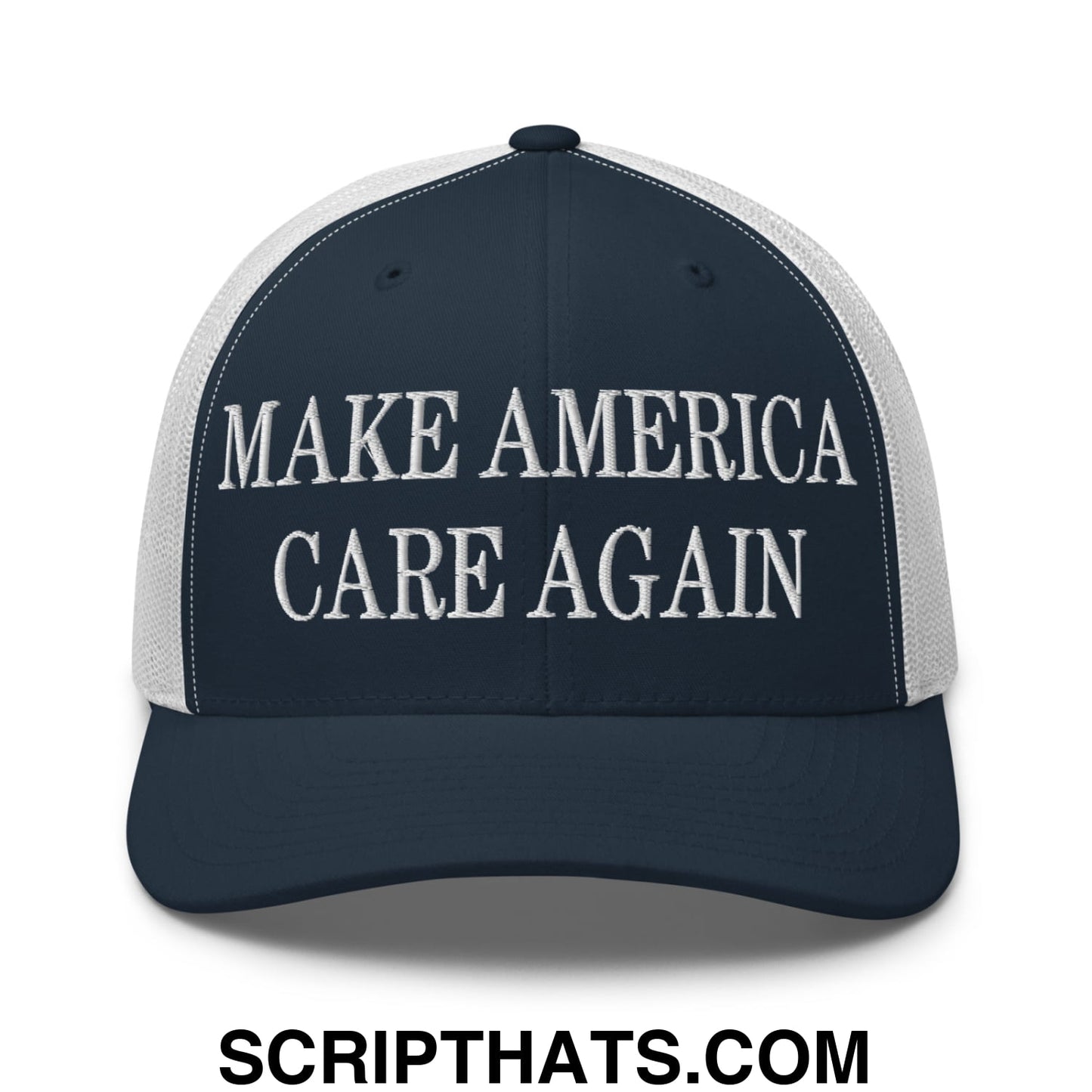 Dark blue and white mesh trucker hat with embroidered make America care again text in bold capital letters