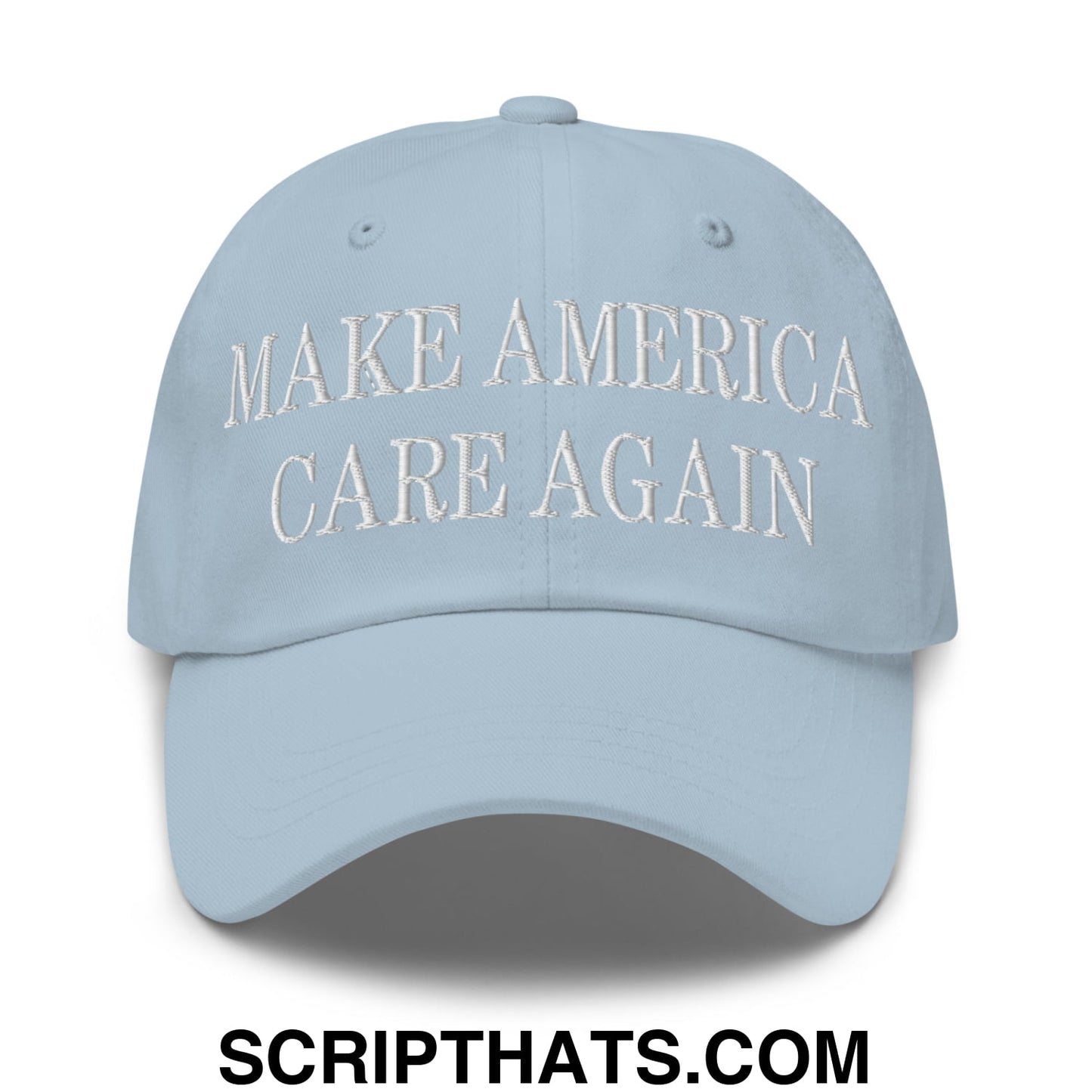 Light blue unstructured dad hat with white embroidered make America care again text for casual wear