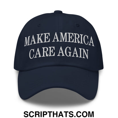 Navy blue embroidered unstructured dad hat with white make America care again text for casual wear