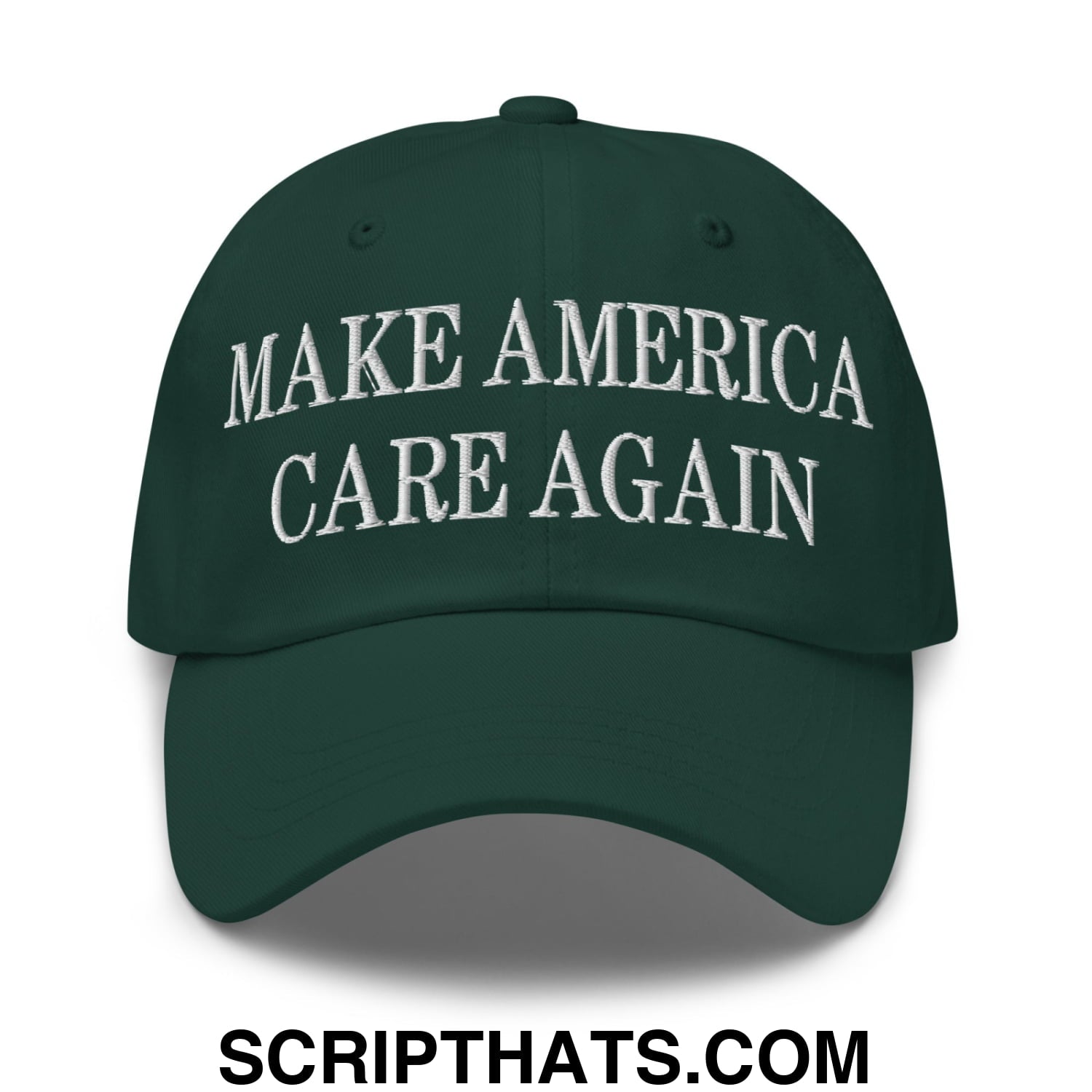 Dark green embroidered unstructured dad hat with white make america care again text for casual wear