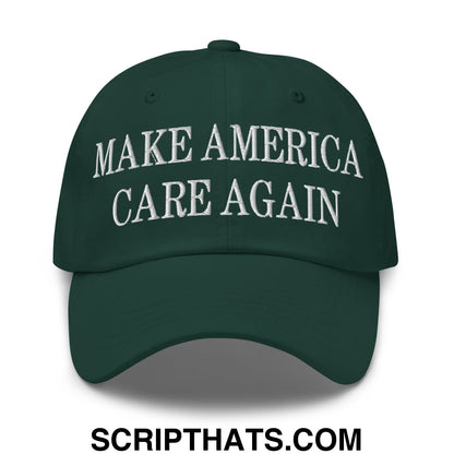 Dark green embroidered unstructured dad hat with white make america care again text for casual wear