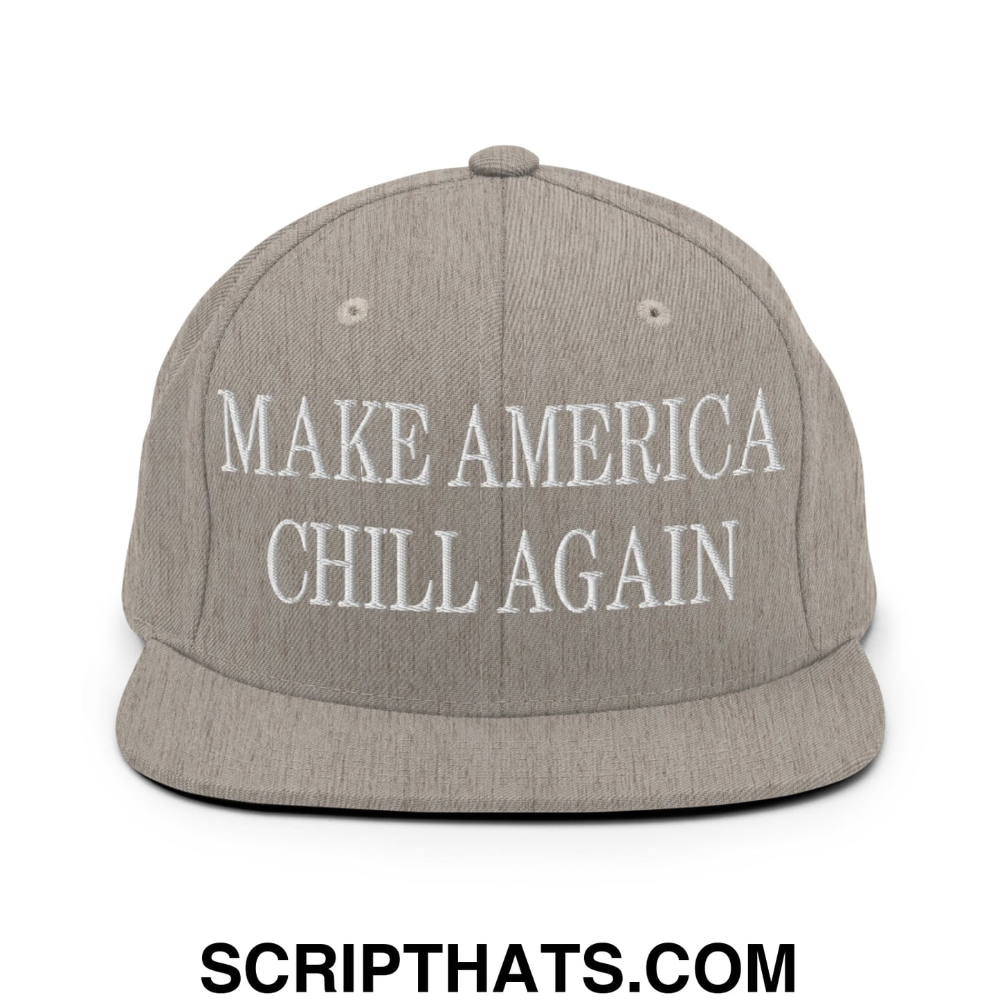 Gray snapback hat with white embroidered make america chill again text and flat bill brim for casual wear