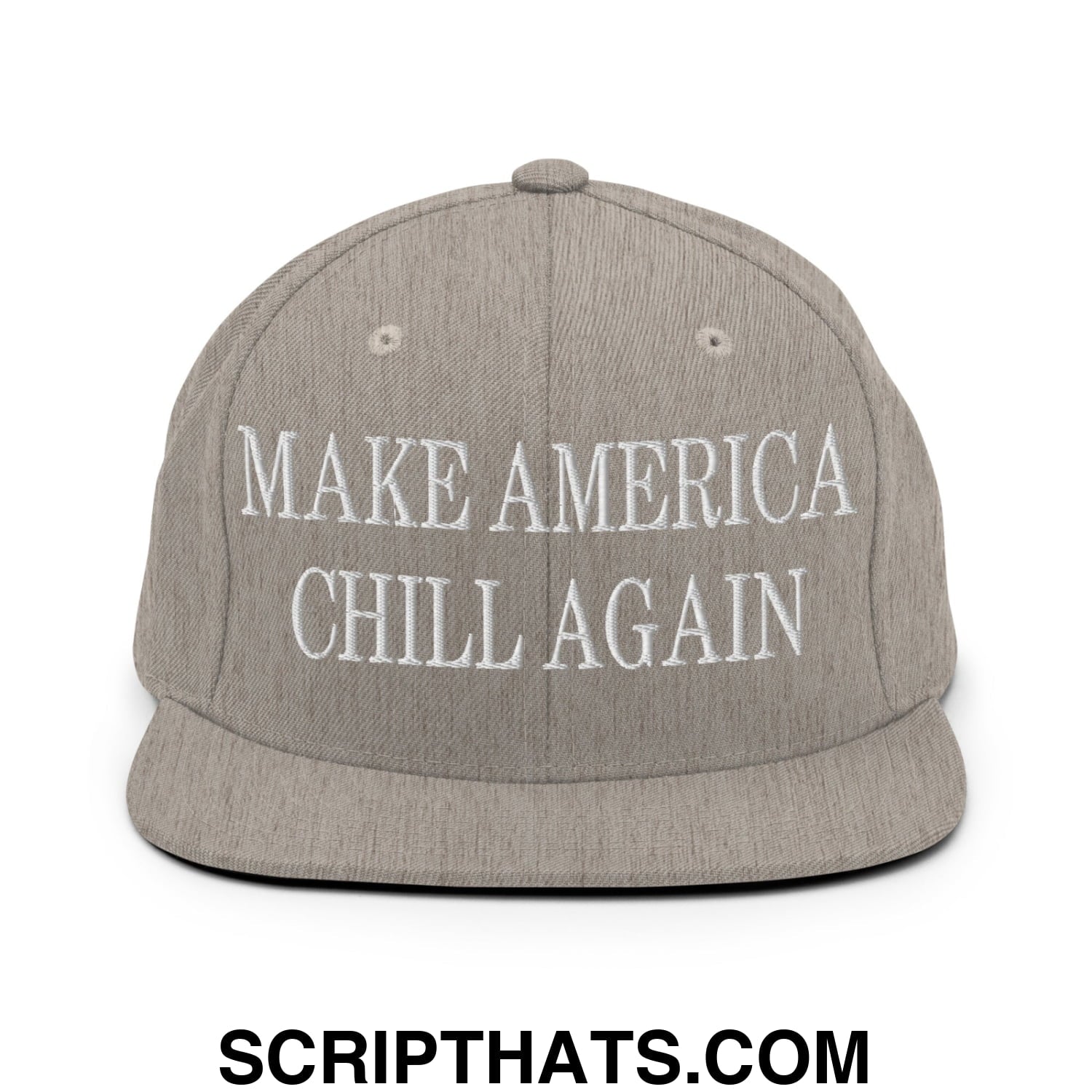 Gray snapback hat with white embroidered make america chill again text and flat bill brim for casual wear