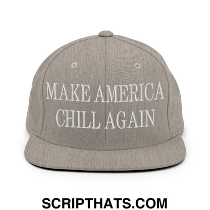 Gray snapback hat with white embroidered make america chill again text and flat bill brim for casual wear