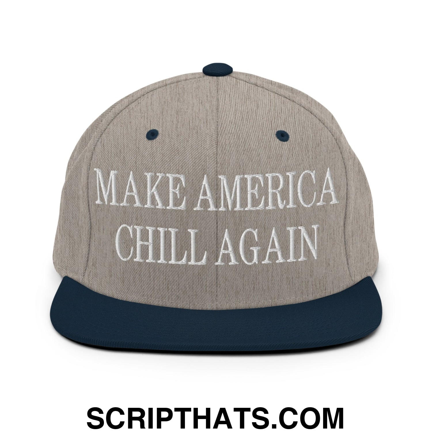 A gray and navy blue embroidered flat bill brim snapback hat with white make america chill again text