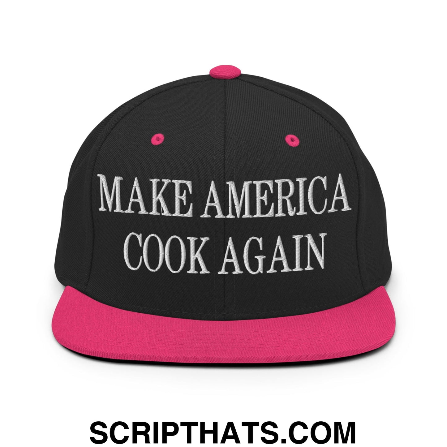 Black snapback cap with vibrant pink brim and button featuring white embroidered text make america cook again