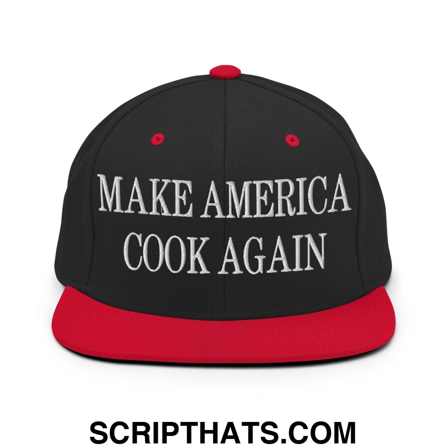 Black snapback cap with red brim and button featuring white embroidered make america cook again text