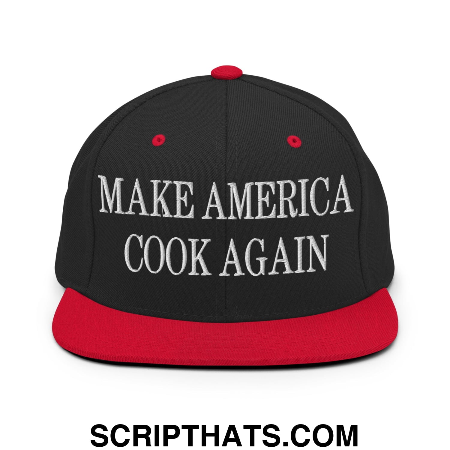Black snapback cap with red brim and button featuring white embroidered make america cook again text