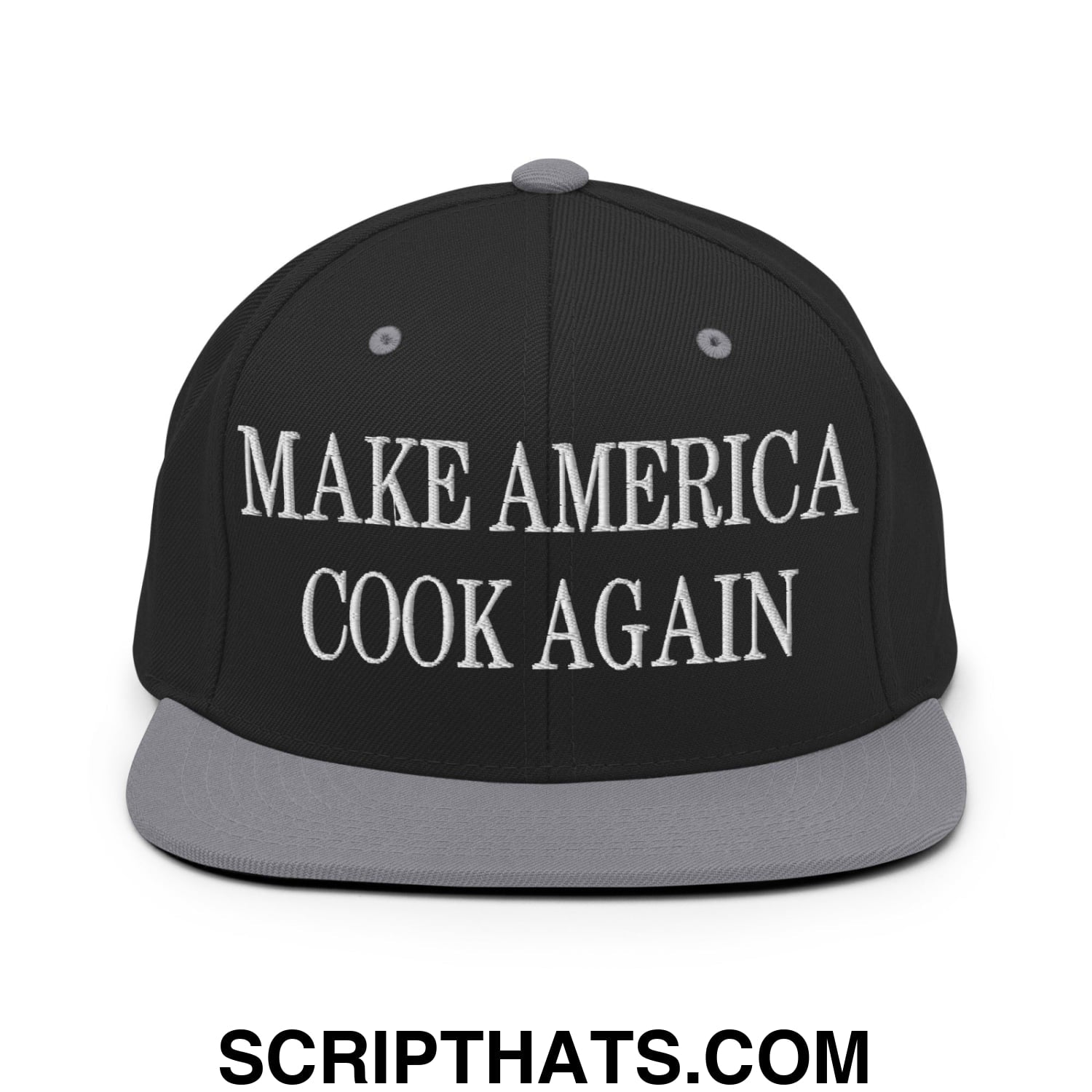 Black snapback cap with gray brim and white embroidered make america cook again text flat bill brim snapback hat
