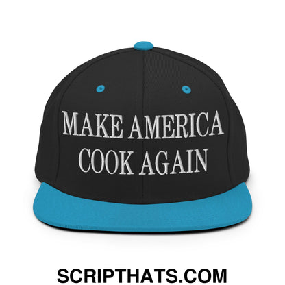 Black snapback hat with white make america cook again embroidery and teal flat bill brim and button