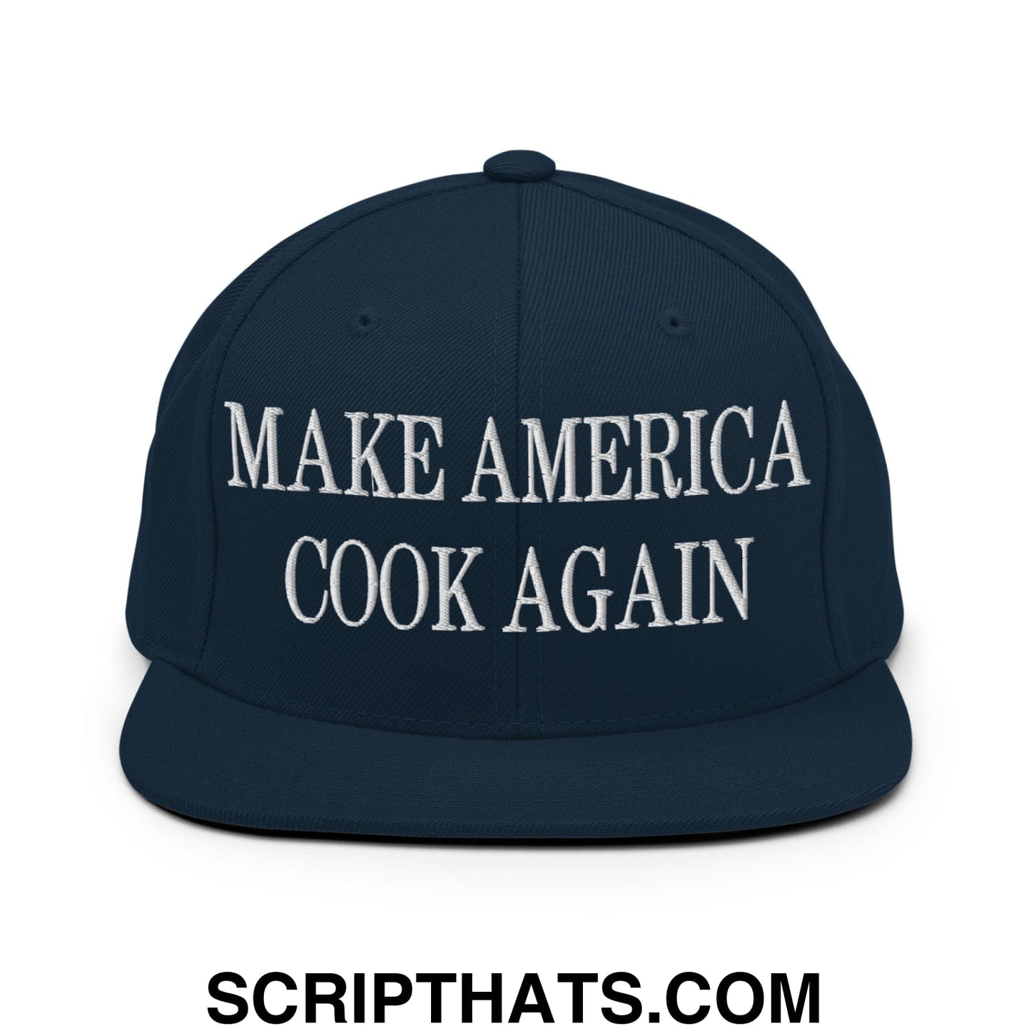 Navy blue snapback hat with white embroidered make america cook again text and flat bill brim design