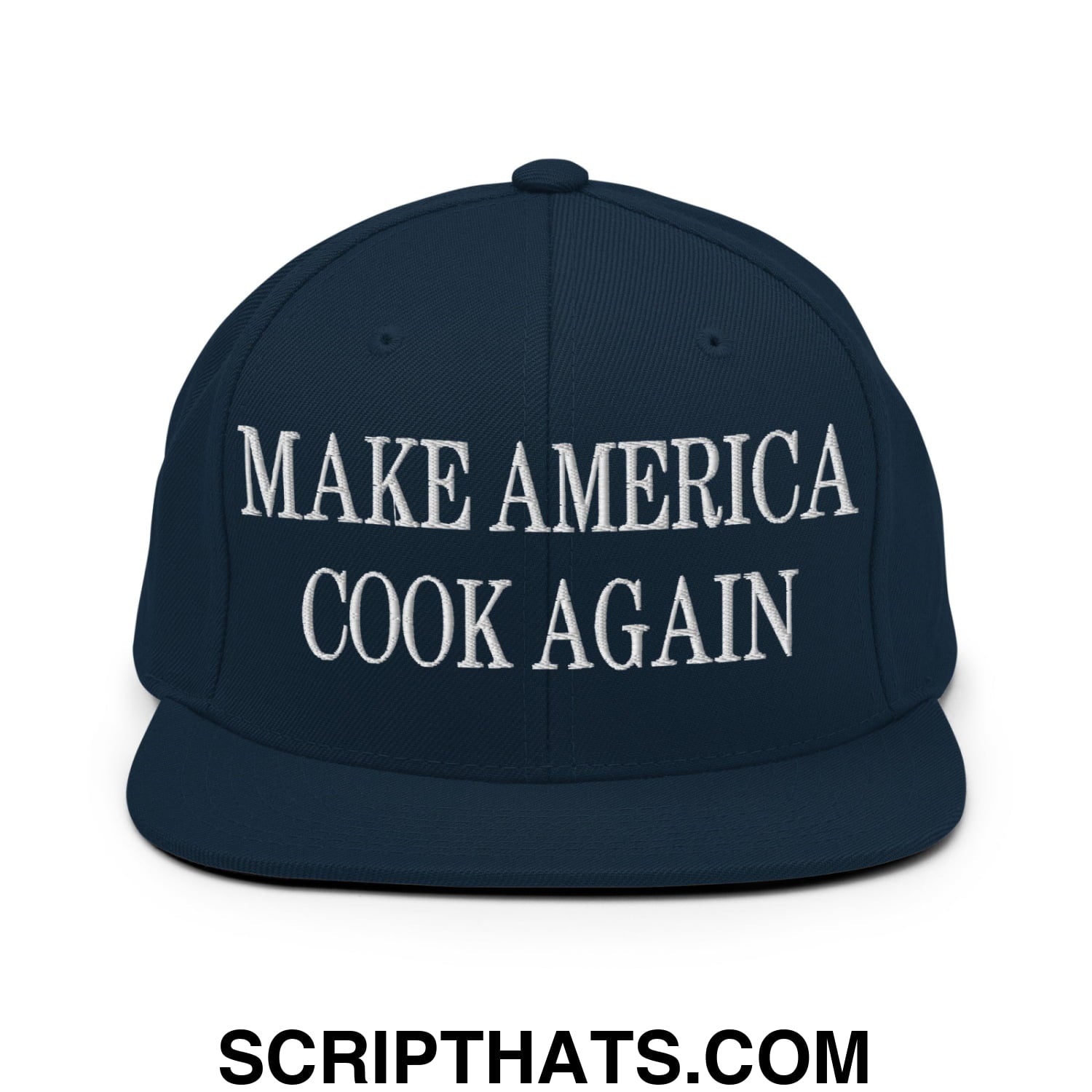 Navy blue snapback hat with white embroidered make america cook again text and flat bill brim design