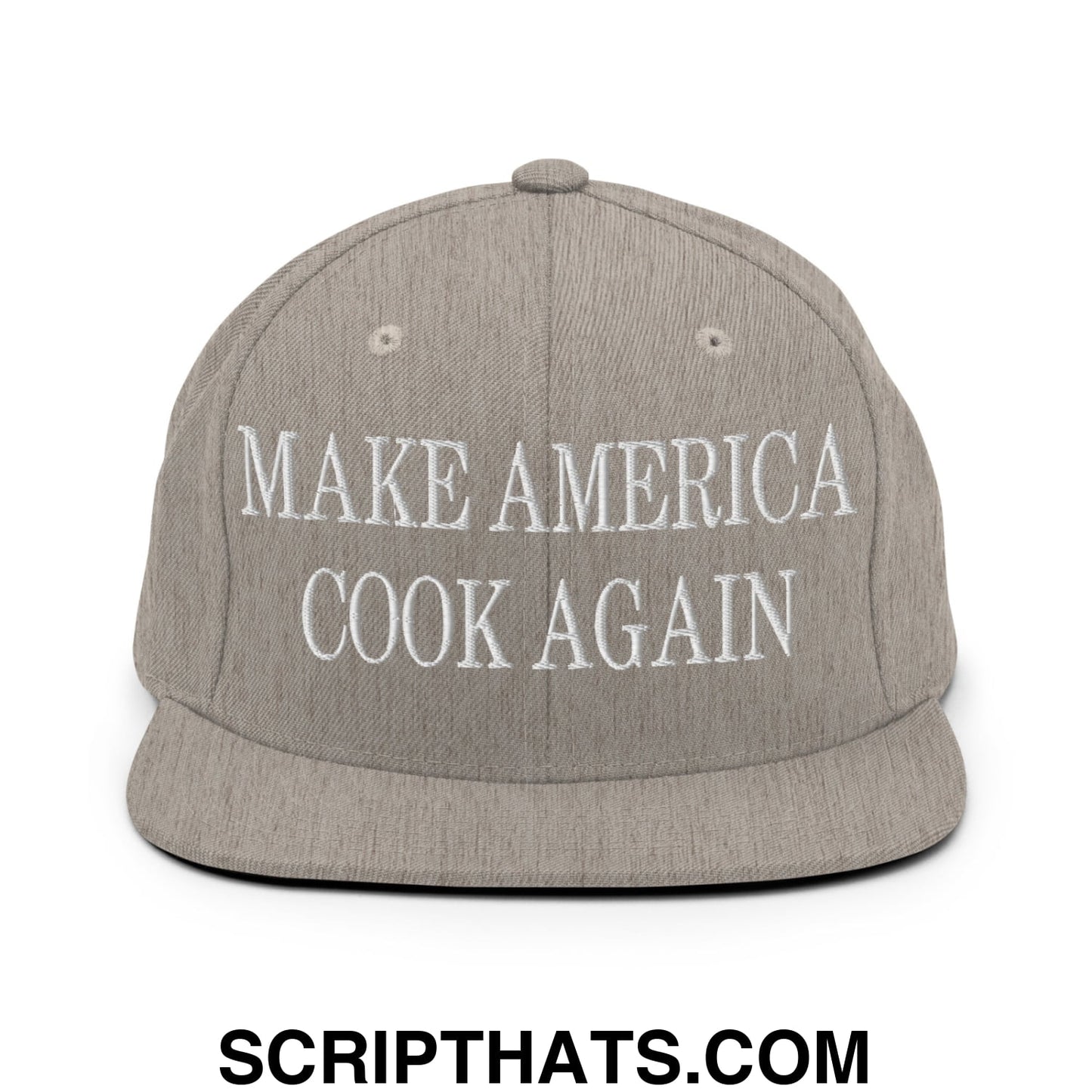 Gray snapback hat with white embroidered make america cook again text flat bill brim for casual wear