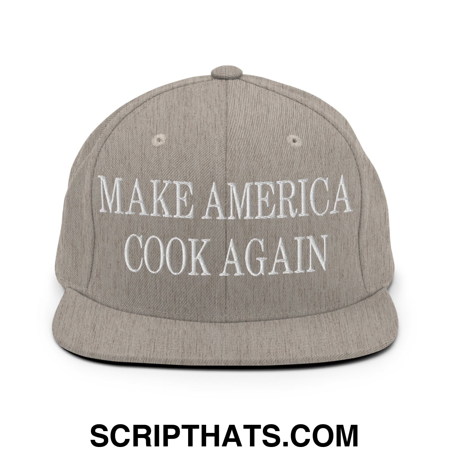 Gray snapback hat with white embroidered make america cook again text flat bill brim for casual wear