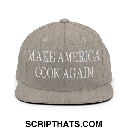 Gray snapback hat with white embroidered make america cook again text flat bill brim for casual wear