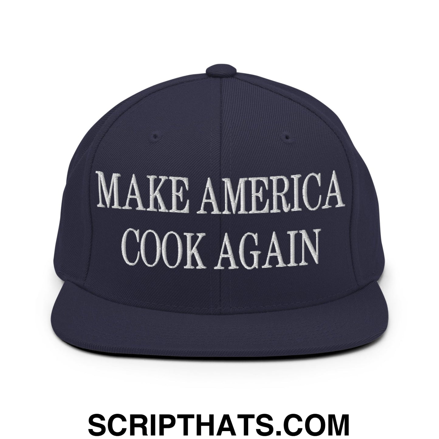 Navy blue flat bill snapback hat with white embroidered make America cook again text for casual wear