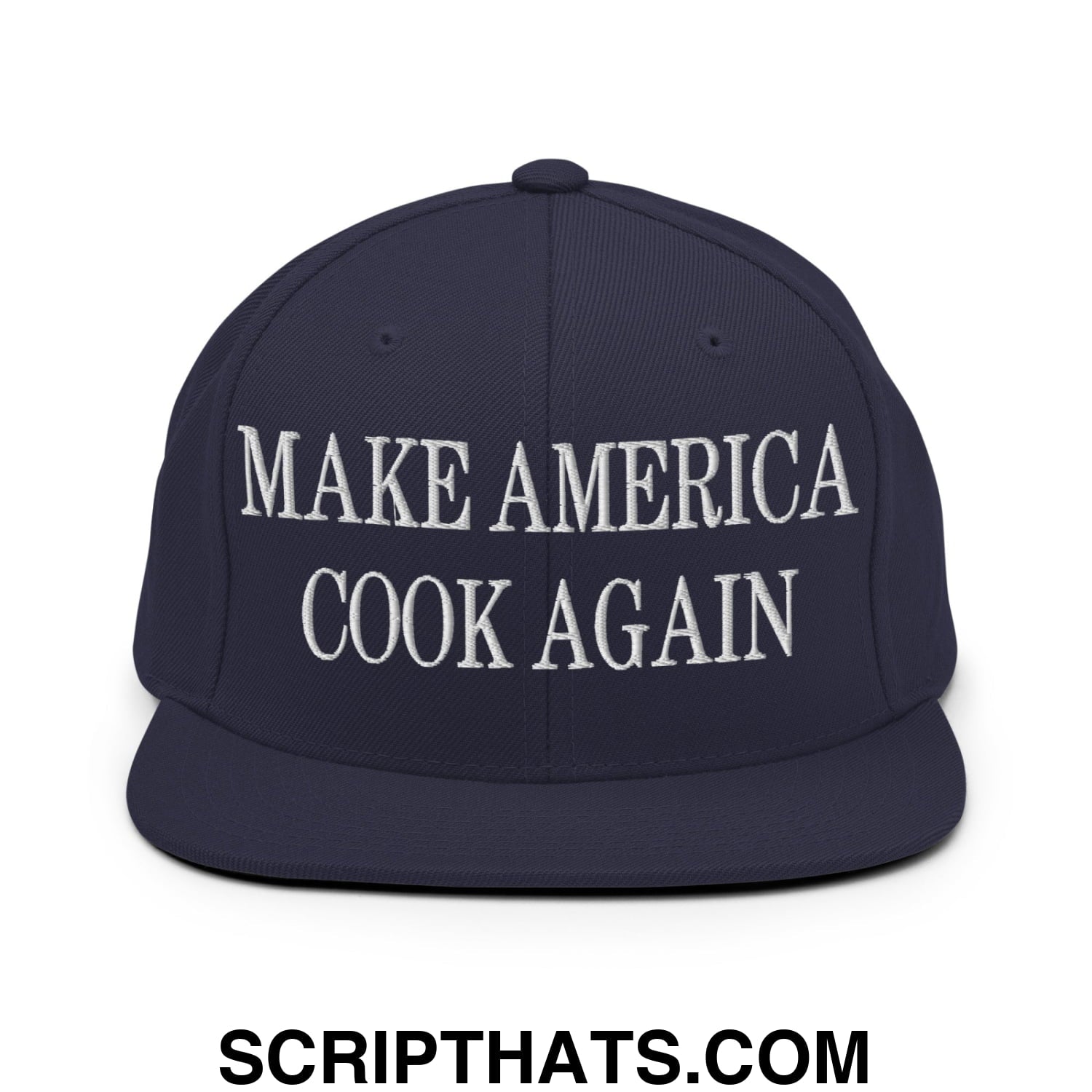 Navy blue flat bill snapback hat with white embroidered make America cook again text for casual wear