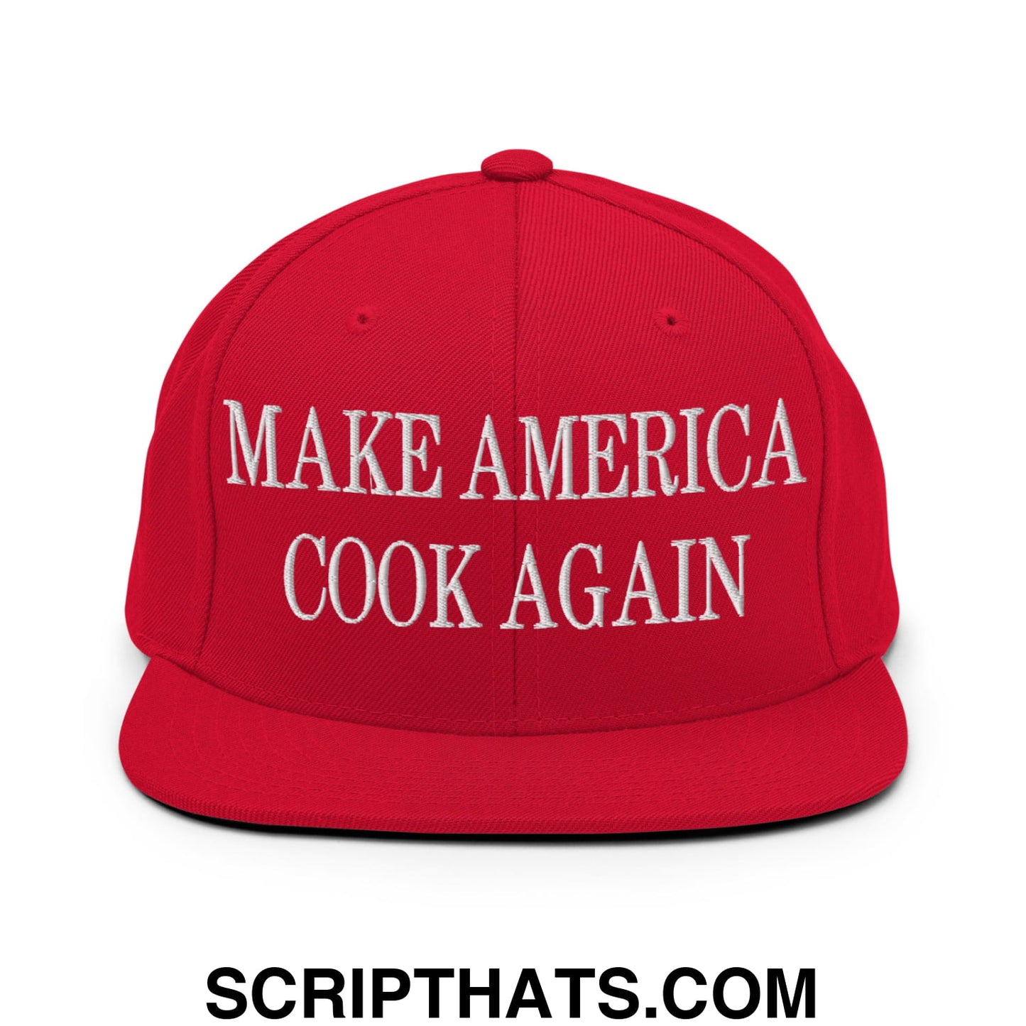 Red snapback cap with white embroidered text make america cook again and a flat bill brim design
