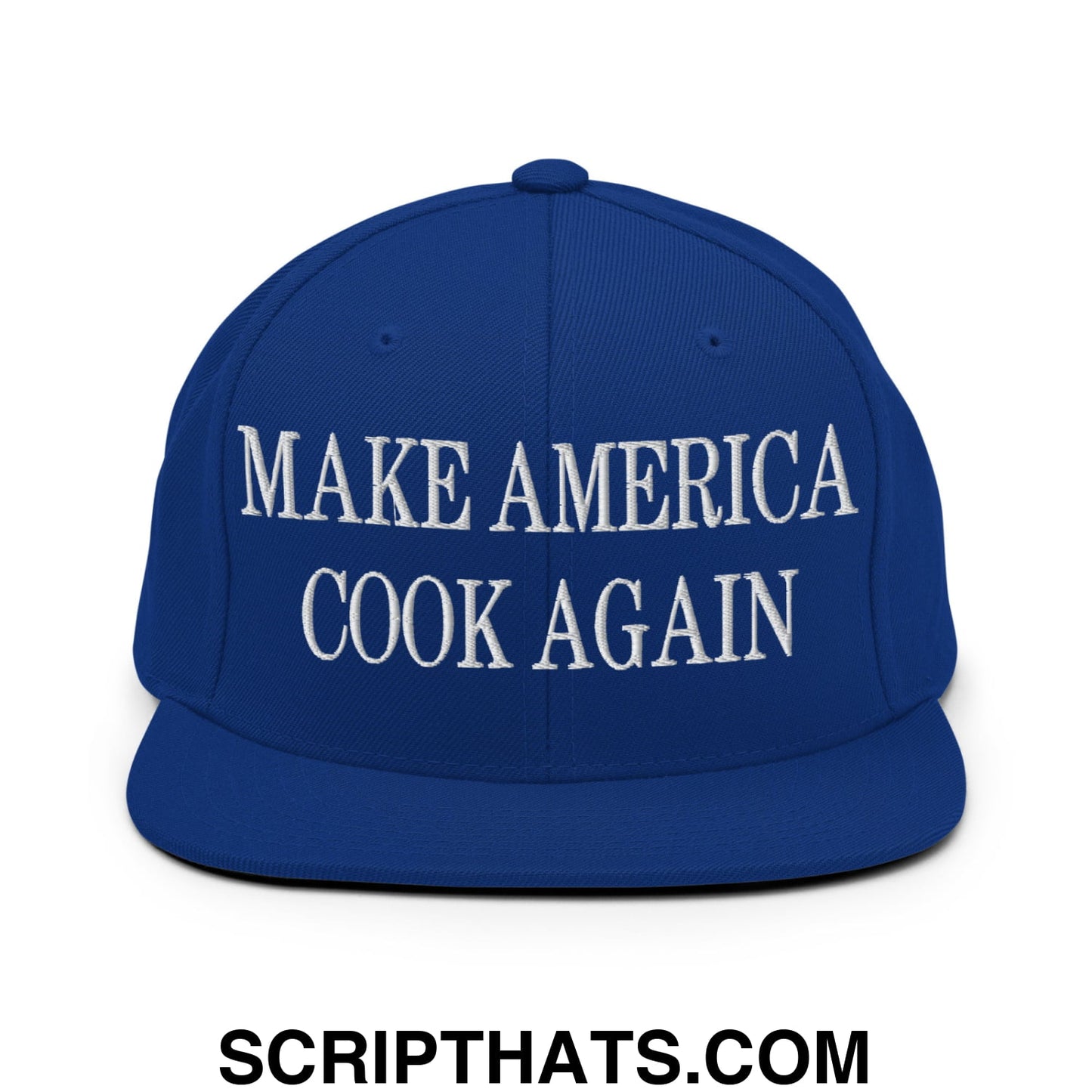 Royal blue snapback hat with white embroidered make america cook again text and flat bill brim design