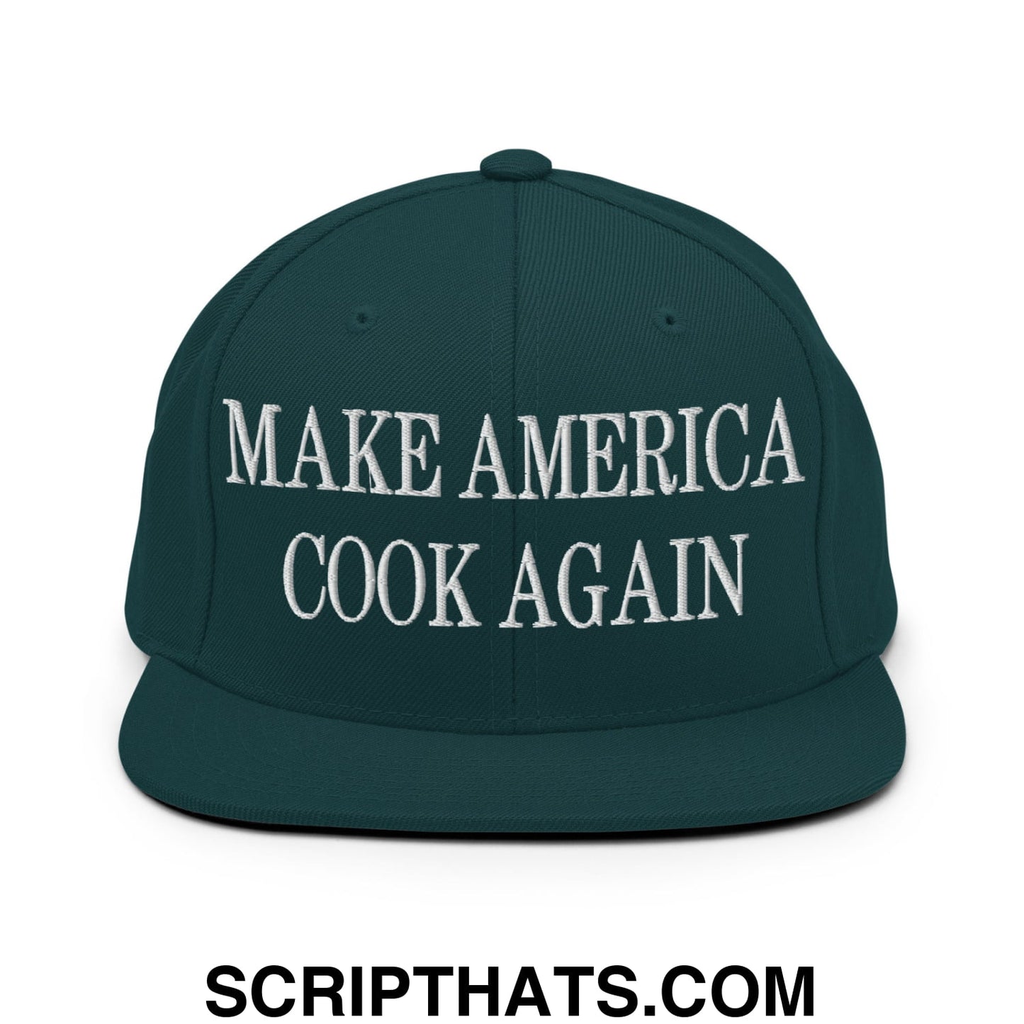 Dark green snapback cap with white embroidered text make america cook again on flat bill brim for casual wear