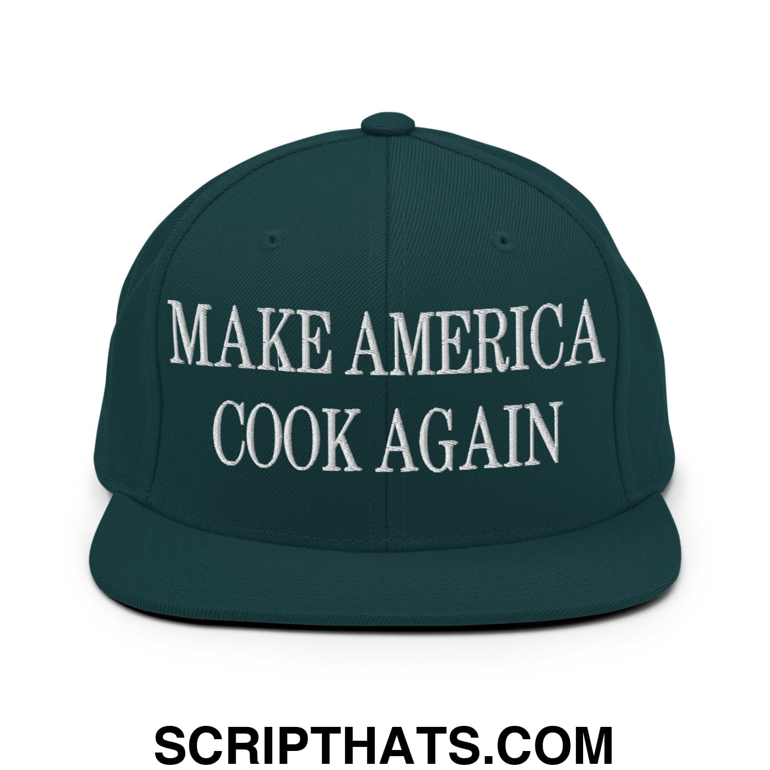 Dark green snapback cap with white embroidered text make america cook again on flat bill brim for casual wear
