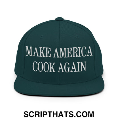 Dark green snapback cap with white embroidered text make america cook again on flat bill brim for casual wear