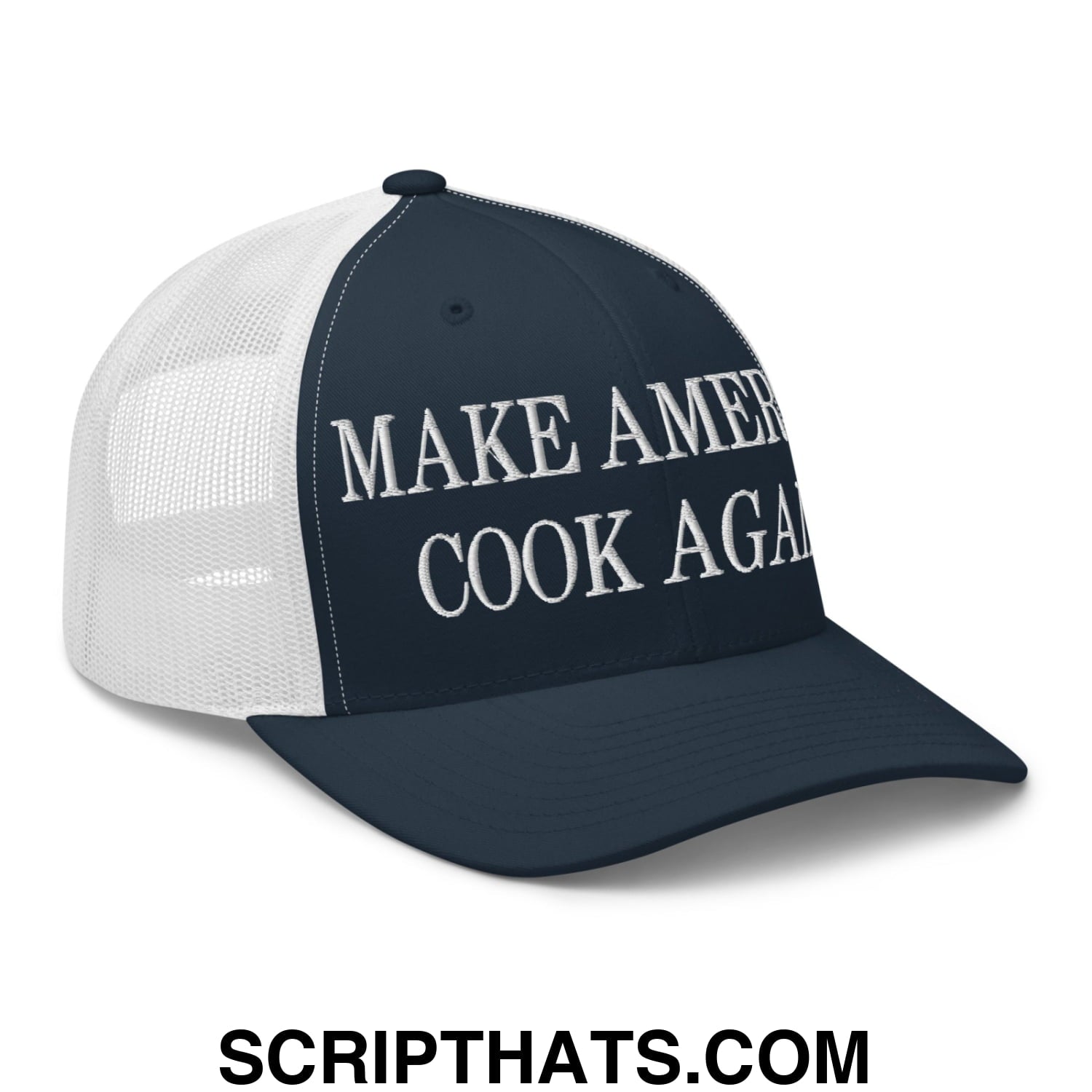 Navy blue and white mesh trucker hat with make america cook again embroidered in silver thread