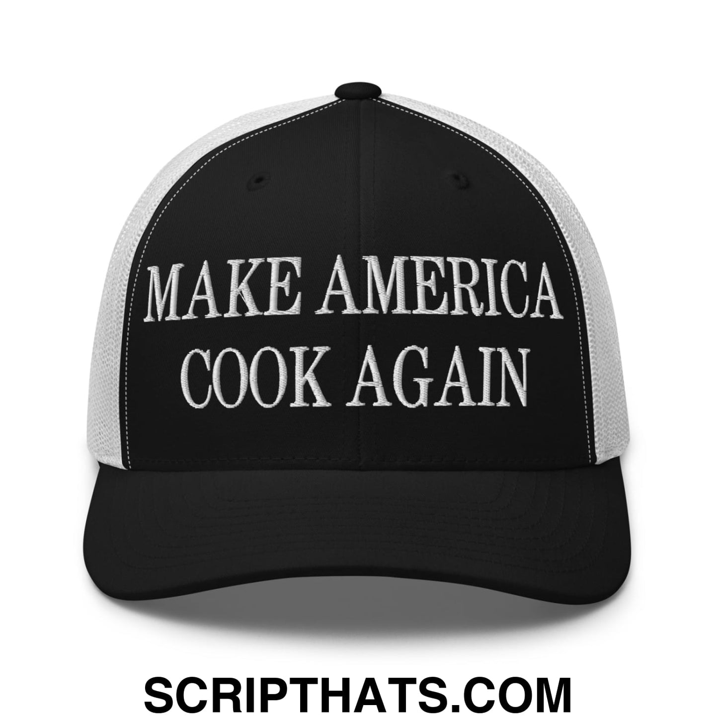Black and white mesh trucker hat with embroidered make america cook again text in bold uppercase font