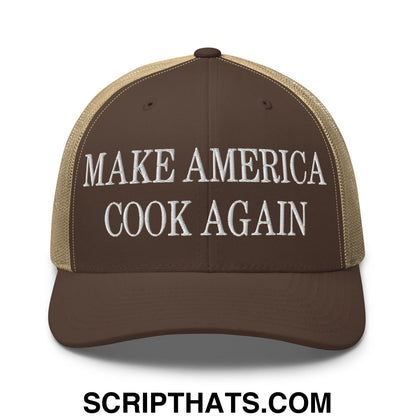 Brown and tan mesh trucker hat with white embroidered make america cook again text for casual wear