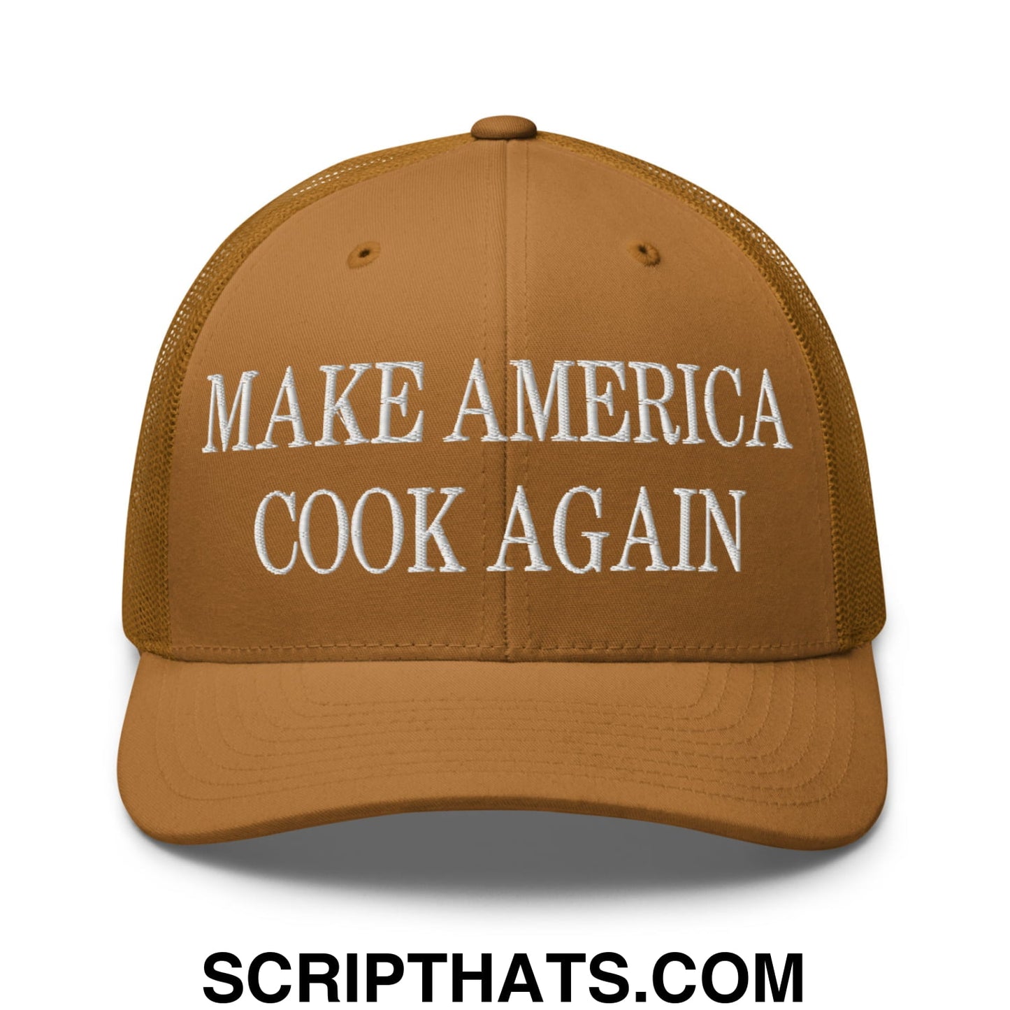 Tan mesh trucker hat with white embroidered make america cook again text on front panel