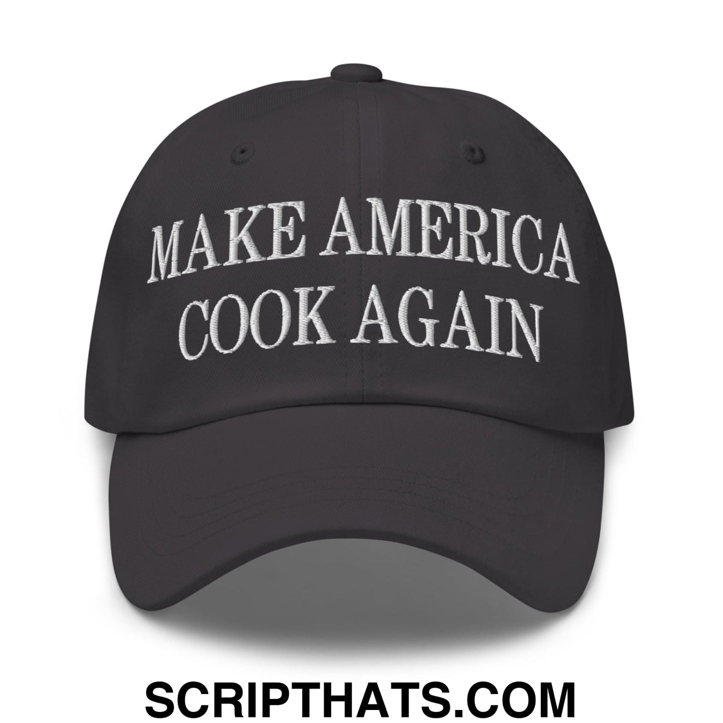 Black unstructured dad hat with white embroidered text make america cook again on front panel