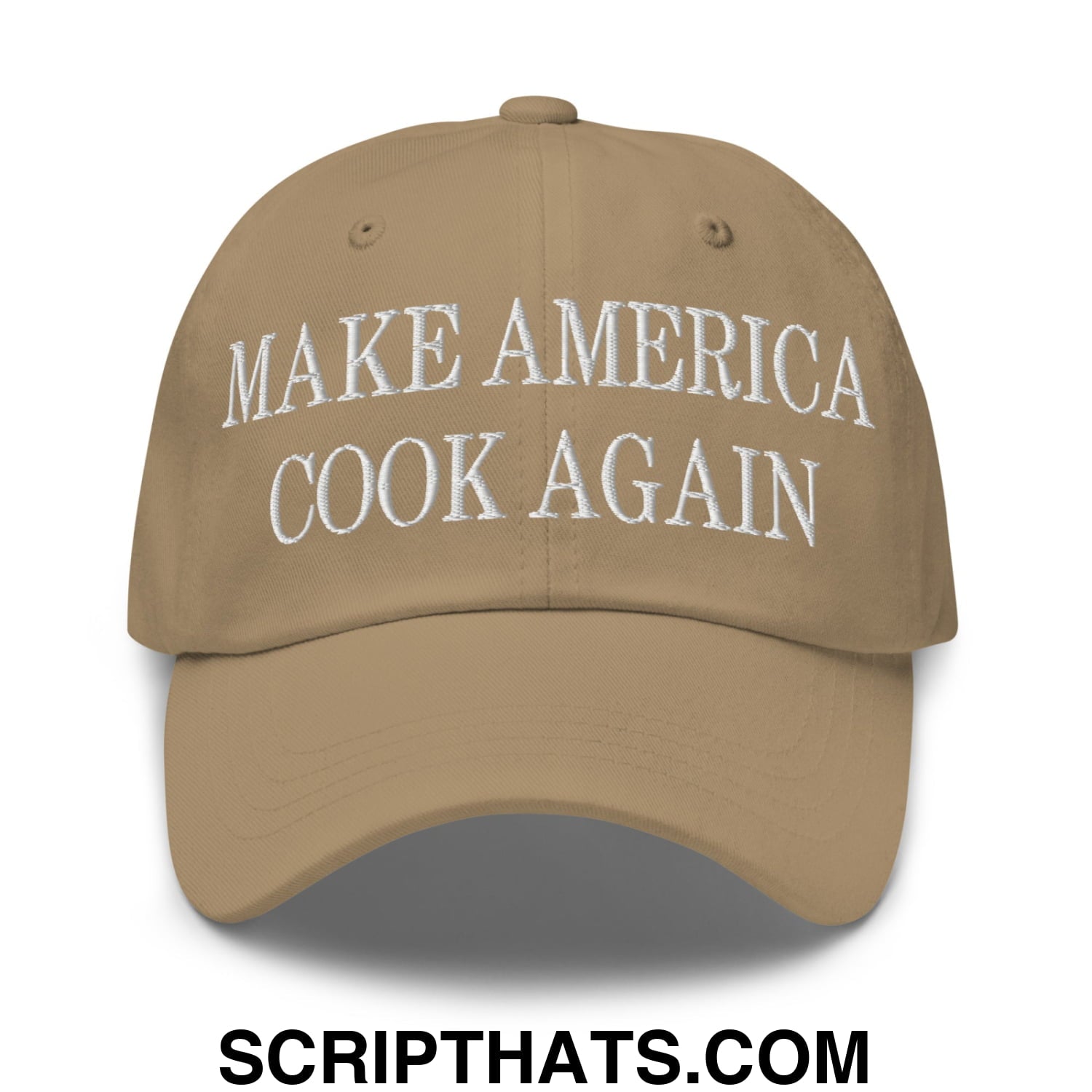 Tan unstructured dad hat with white embroidered make America cook again text for casual cooking wear