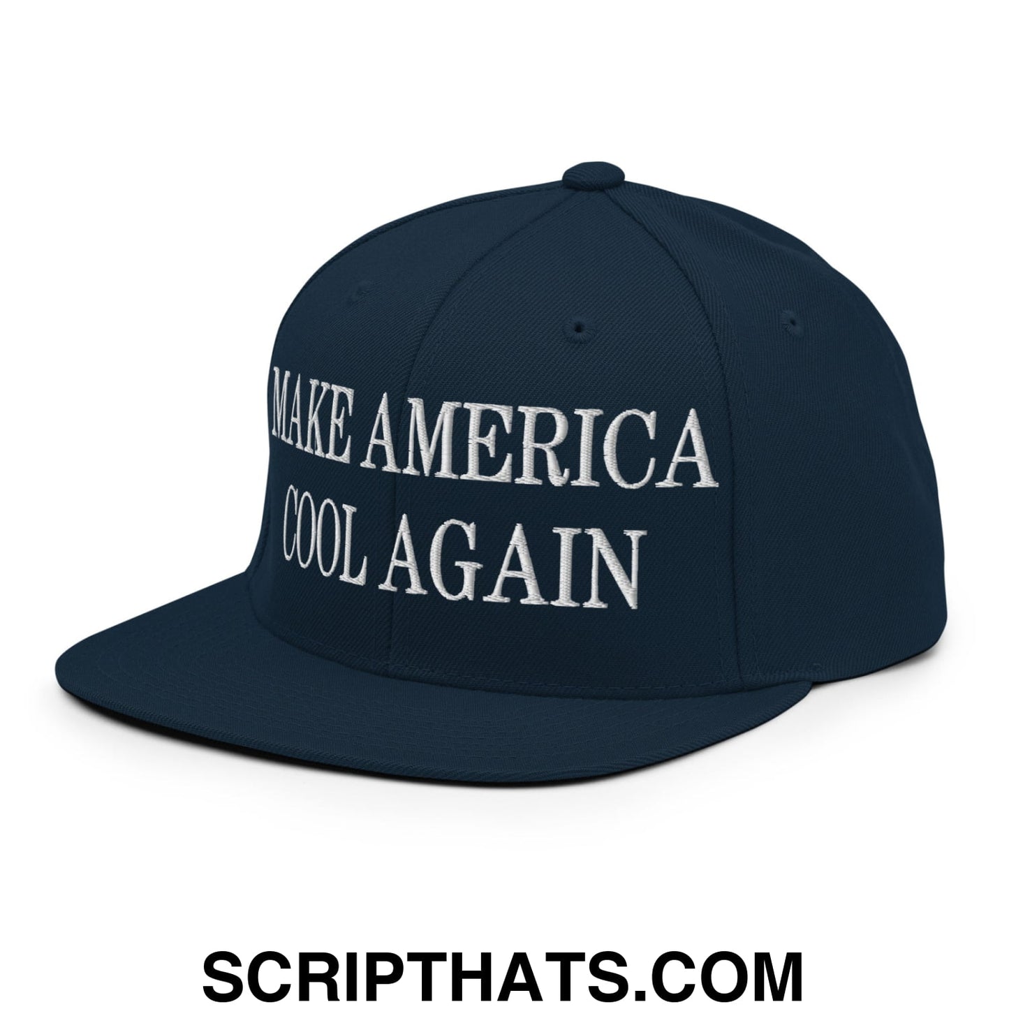 Dark navy blue snapback hat with white embroidered make america cool again text flat bill brim design