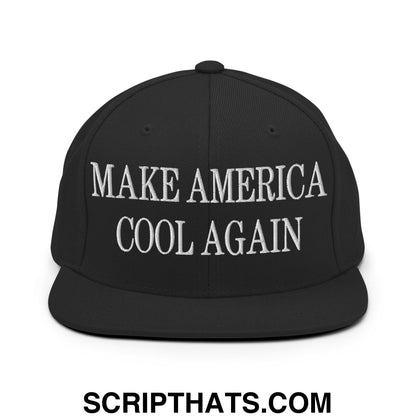 Black snapback hat with white embroidered text make america cool again on flat bill brim for casual wear