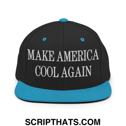 Black snapback cap with teal brim and white embroidered make america cool again text flat bill brim design