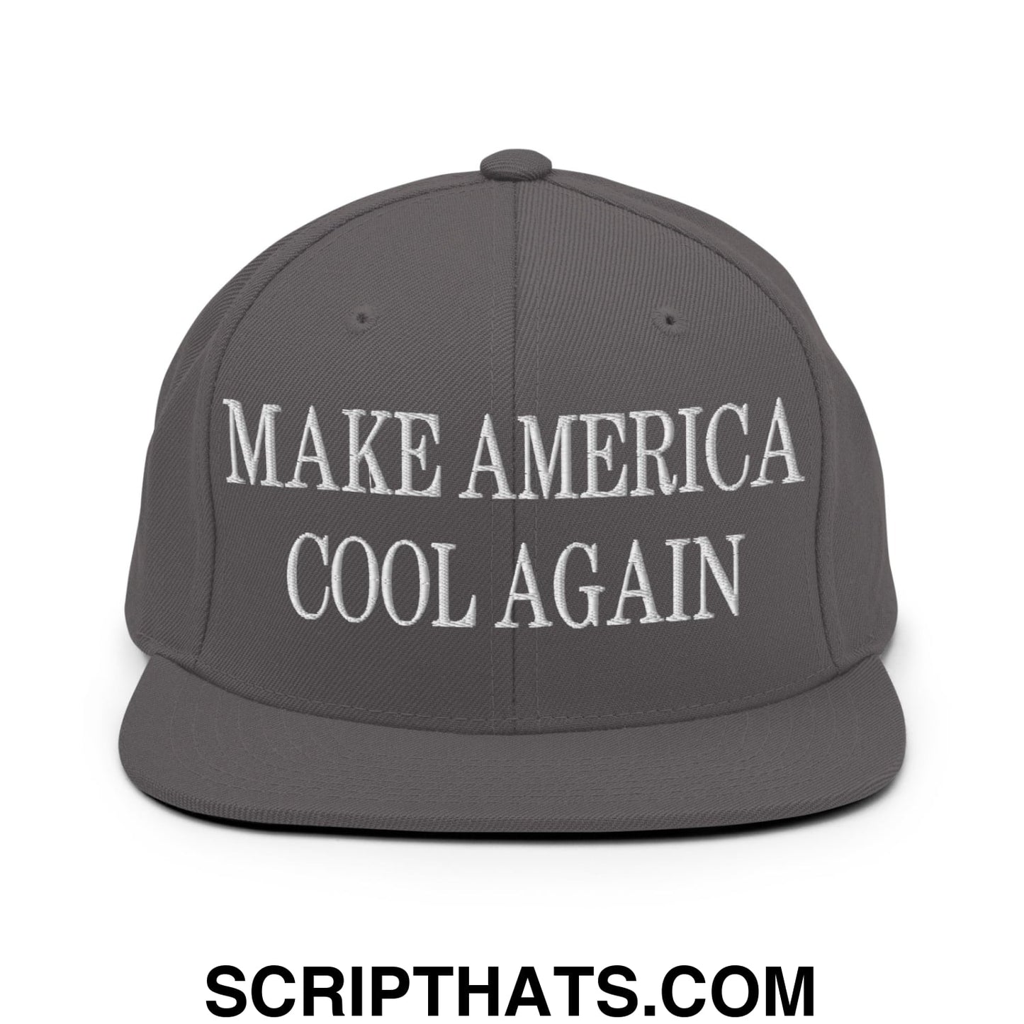 Gray snapback hat with white embroidered make america cool again text and flat bill brim for casual wear